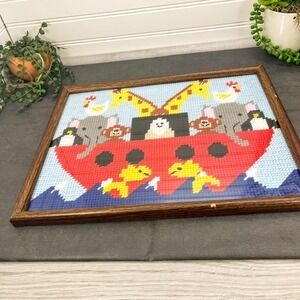 Vintage Framed Noah's Ark Needlepoint Picture: Nursery Decor
